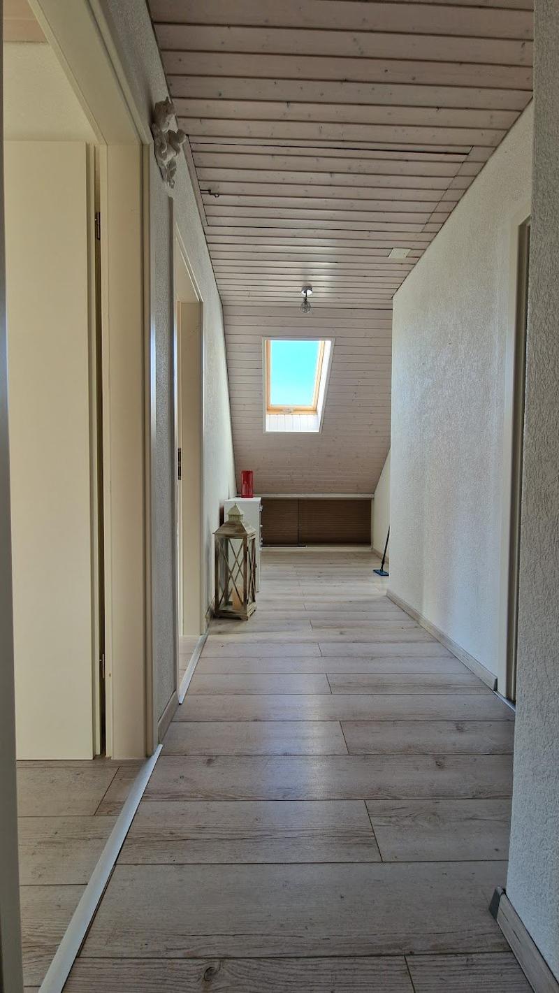 Raised ground floor, wooden floor, skylight window, hallway entrance, lantern, cleaning tools