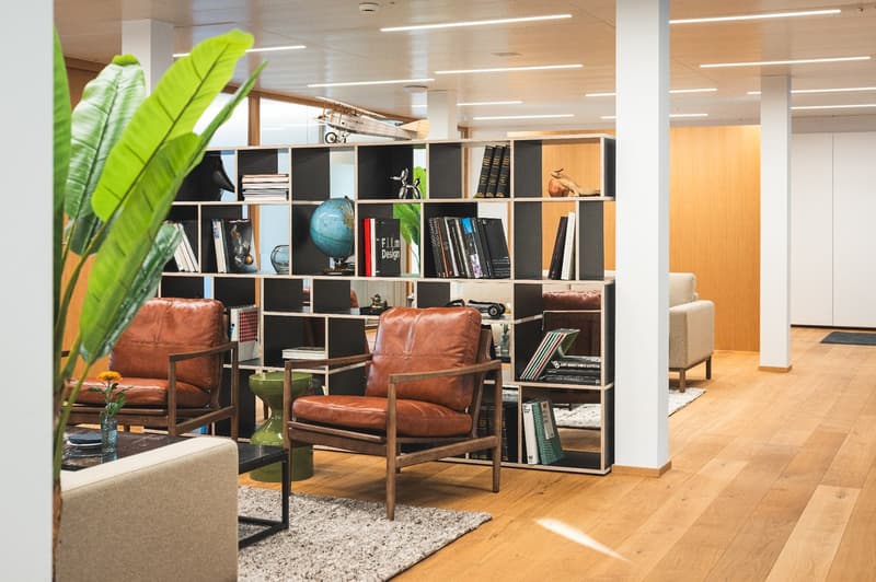 living room with couch, armchairs, coffee table, rug, bookshelf, plants, globe, books