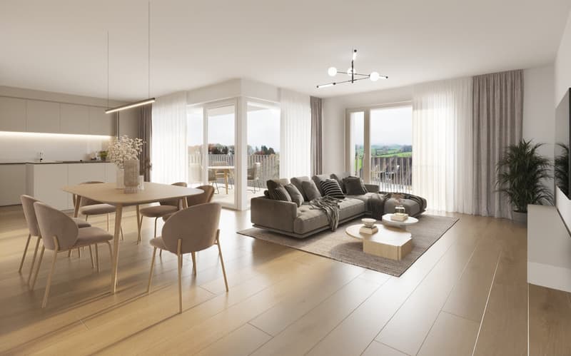 Open-concept living room and dining area with large windows, hardwood floors, modern furniture including a sectional sofa, coffee table, and dining table with chairs, and a balcony or terrace visible through the windows.