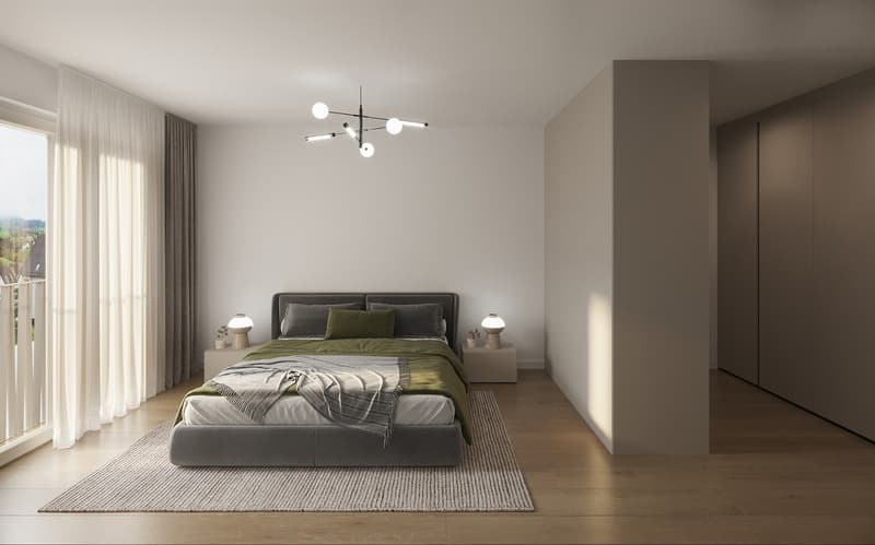 Spacious bedroom with large windows, gray and green color scheme, modern lighting fixture, gray upholstered bed, side tables, and built-in closet space.