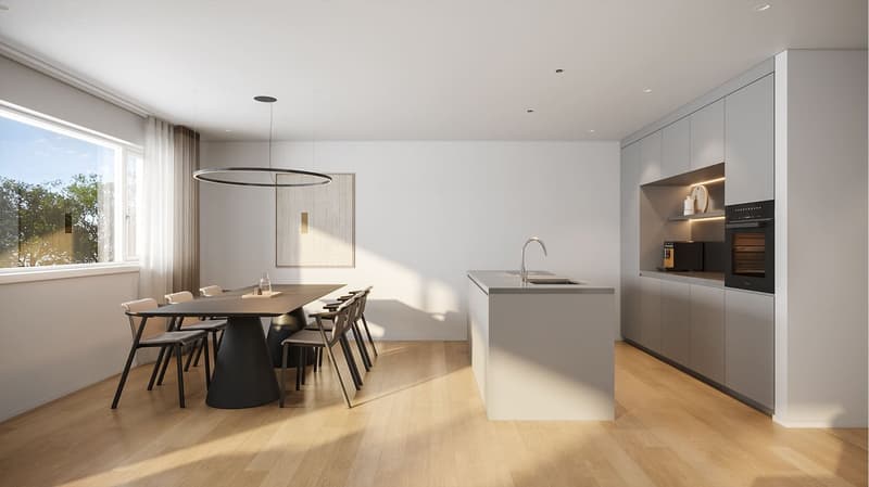 modern interior with dining area and kitchen, wooden floor, grey cabinets, sink, oven, hanging light