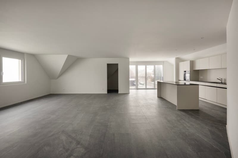 open space, modern design, gray tile floor, white walls, kitchen island, glass windows, balcony
