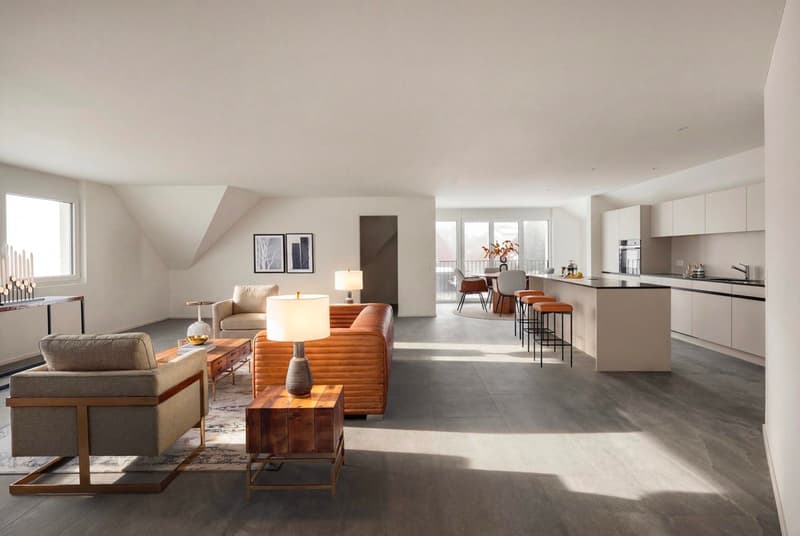 large open space, beige couches, leather couch, wooden coffee table, kitchen island, window, balcony, view of outside