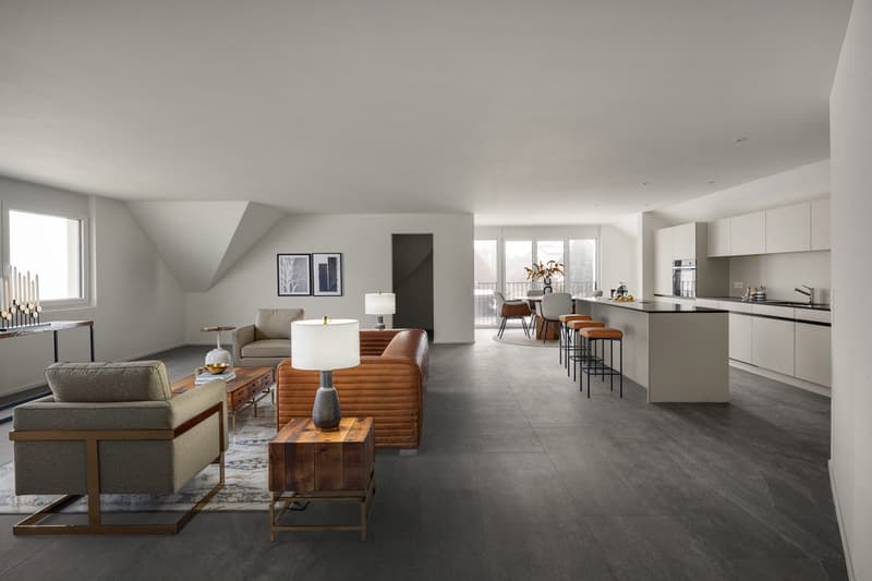 modern design living room with wooden furniture, central heating, white walls, high ceiling, open kitchen