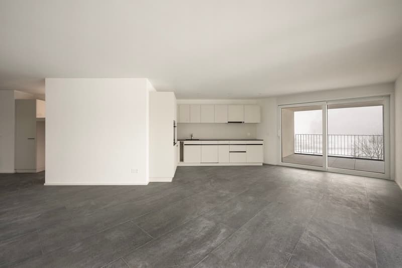 empty room, sliding doors, white kitchen, balcony