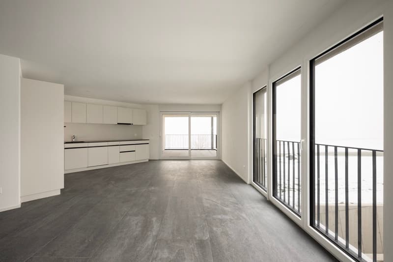 empty room, balcony, kitchen, gray floor