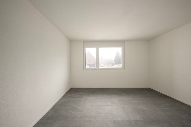 empty room, white walls, gray tiled floor, window with view to outside
