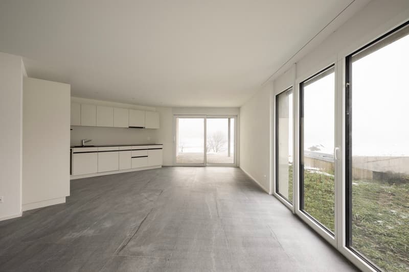 Open floor plan, kitchen, glass doors, sliding glass doors, gray tiles, view of outside