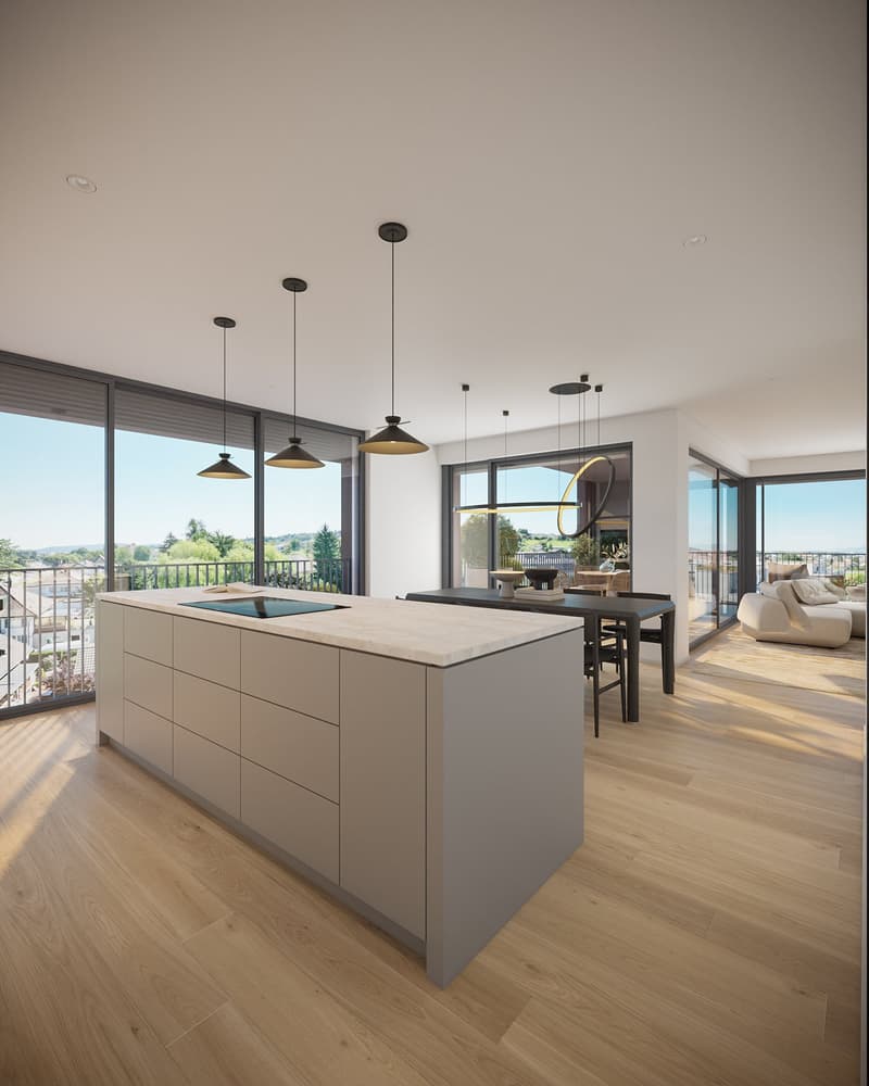 modern kitchen island, large windows, balcony with view