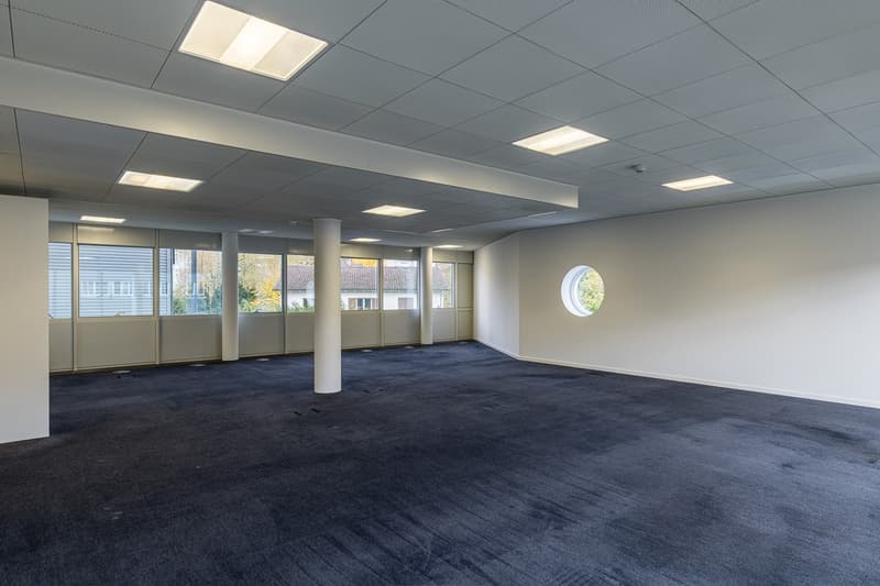 Empty room, carpeted floor, white walls, recessed ceiling lights, two round windows