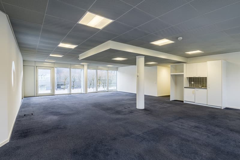 large open room, carpeted floor, glass doors, recessed ceiling lights, white walls