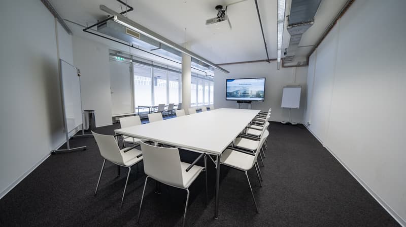 Long table, chairs, whiteboard, TV, door, windows, lights