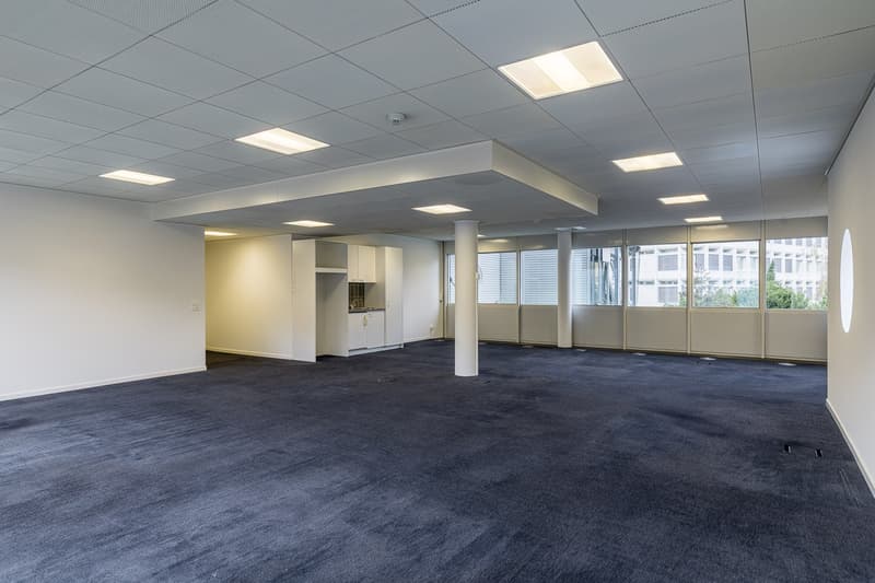 empty room with white walls, gray ceiling, dark blue carpet, pillar, window, and door