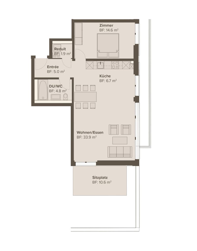 Entrée, bedroom, kitchen, living/dining area, bathroom, balcony