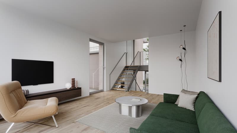 white walls, hardwood floors, green sofa, beige chair, round coffee table, mounted TV, modern staircase