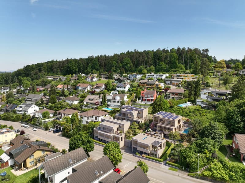 Suburban housing development with various residential buildings of different sizes and styles, solar panels on rooftops, greenery, a road with cars, hills, and trees