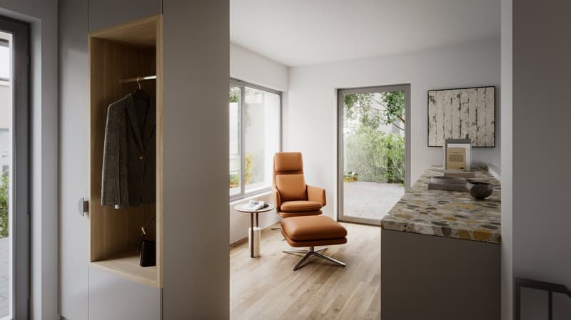 Open space, glass doors, wood flooring, white walls, modern armchair, small table, stone countertop, open closet, hanging jacket, handbag, outdoor greenery view