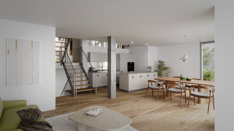 Open floor plan with stairs, modern design, wooden floors, white kitchen cabinets, dining area with wooden table, couch, living room, chandeliers