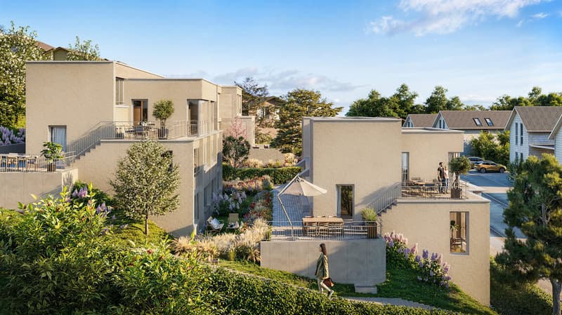 3 story house, beige exterior, green landscaping, multiple balconies, outdoor seating, view of greenery and surrounding houses