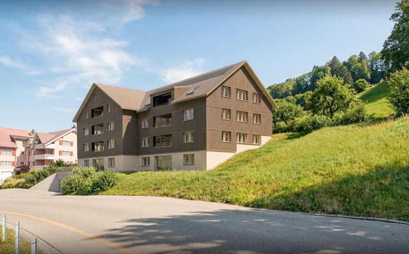 3 story house, brown exterior, multiple windows, balconies, located on a hill