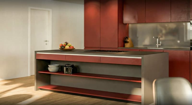 modern kitchen with red cabinets, gray countertop, open shelves, gas stove, sink, faucet, bowl, fruit bowl, wooden knife block