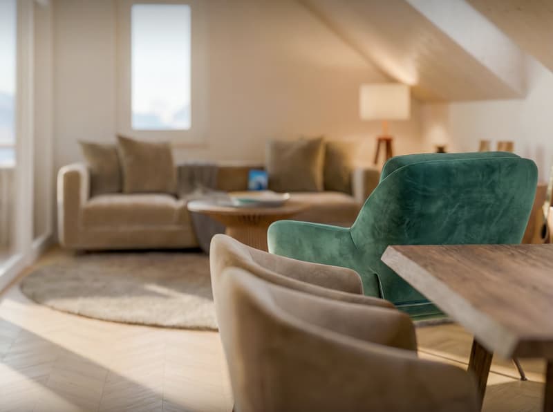living room with beige sofa, green armchair, wooden table, round rug, wooden floor, beige walls, large window