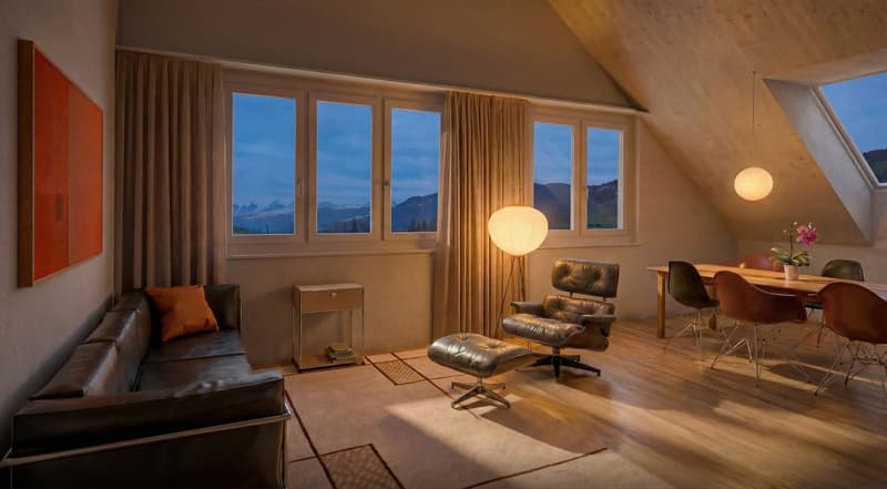 Leather sofa, leather armchair, ottoman, dining table, floor lamp, large windows, wooden floor, view of mountains