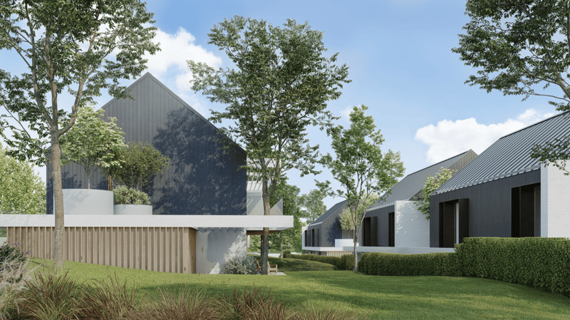 modern houses with slate roofs, landscaped garden with grass and trees, fence around the property