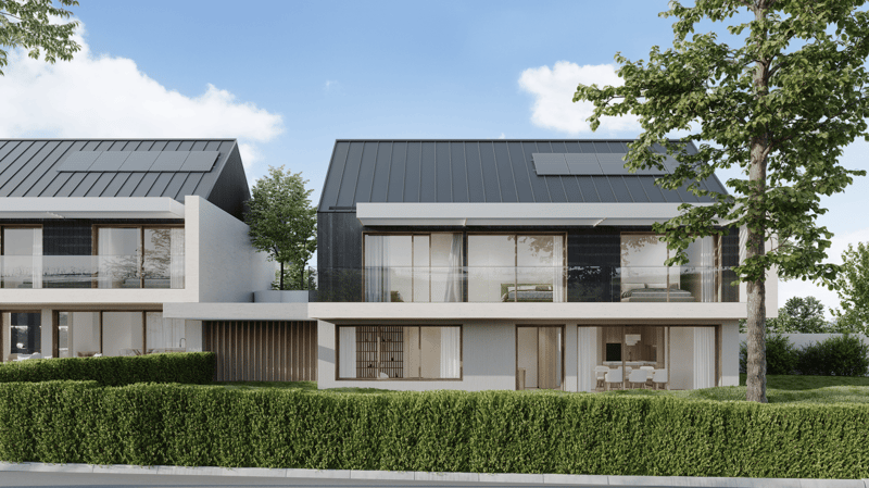 two-story modern house with black exterior, gray metal roof, large glass windows, balconies, and solar panels, hedges and grass lawn, sunny blue sky