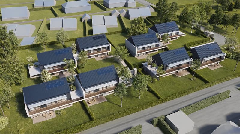 cluster of modern houses, dark gray roofs, solar panels, wooden decks, grassy lawns, trees, hedges, driveways, paved roads