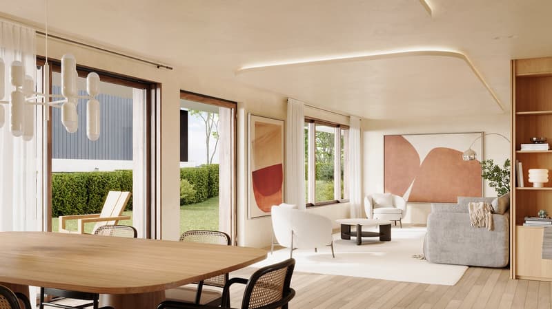 large glass doors, wooden table, chairs, chandelier, couches, wooden shelves, modern artwork