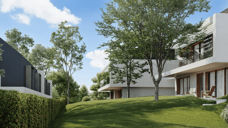 two-story modern house, white exterior, glass balcony, greenery, grassy lawn, trees