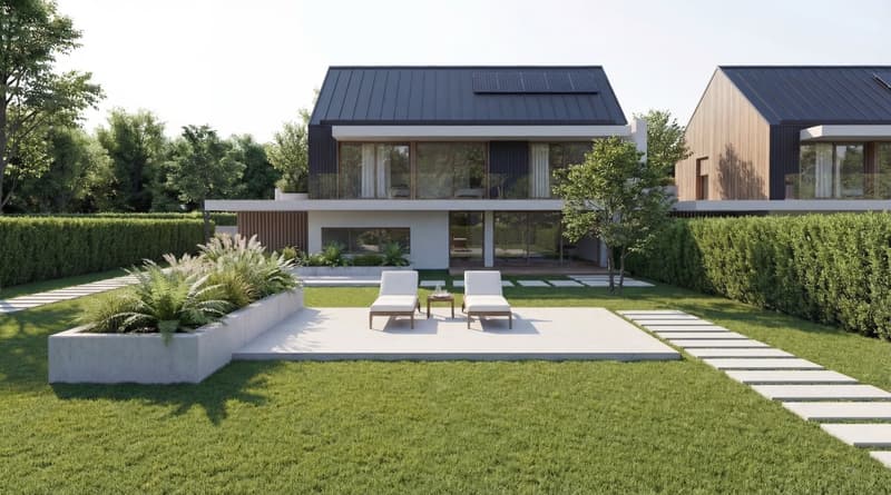 Two story house, modern design, solar panels on the roof, large windows, backyard with patio, garden with hedges and trees