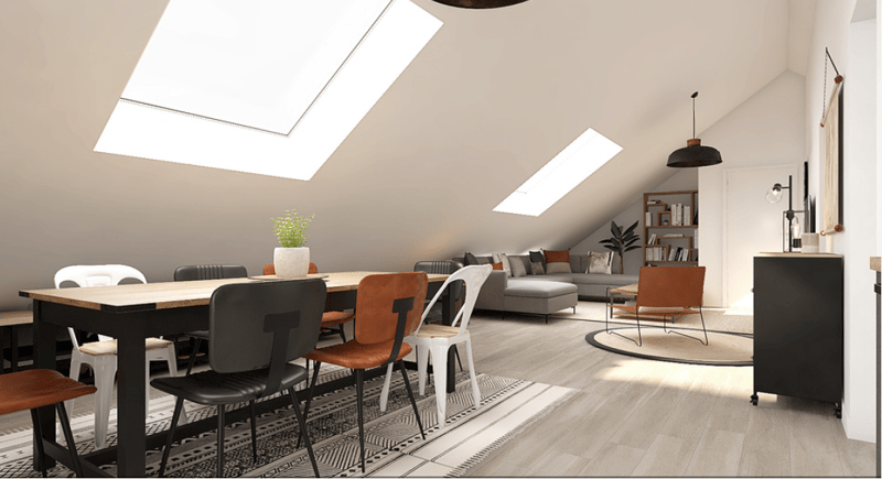 Dining area, sky windows, couch, table, wooden flooring, rug