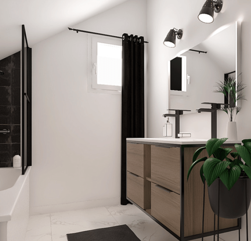 white tiles, white bathtub, black curtains, wall-mounted lights, large mirror, wooden vanity, faucet, sink, potted plant