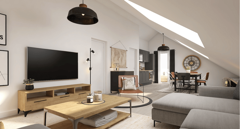 white walls, grey sofa, TV, coffee table, wooden console table, floor lamps, dining table with 6 chairs, rug