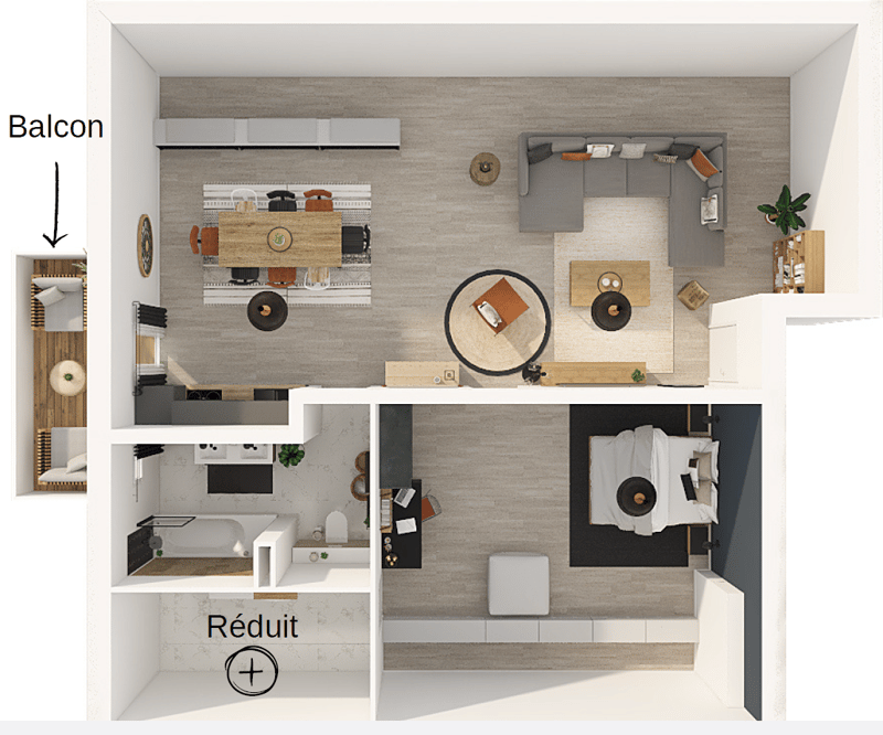 living room, open kitchen, bedroom, bathroom, balcony