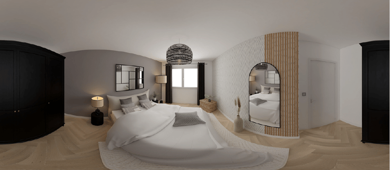 Circular room with wooden flooring, gray walls, large mirror, arched window, wardrobe, circular bed, white bedding, lamps, plant, basket, potted plant