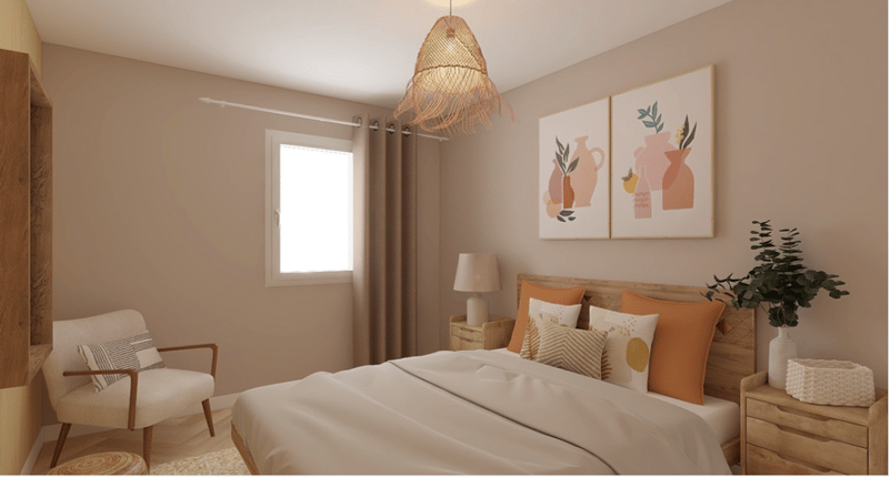 A modern bedroom with white bedding, wooden nightstands, a pendant lamp, an armchair, and two framed artwork on the wall above the bed.