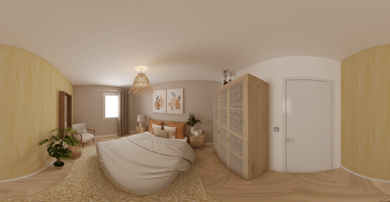 master bedroom with bed, 2 nightstands, 2 lamps, rug, armchair, plant, wardrobe
