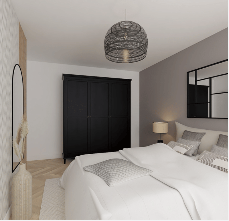 Double bed, black wardrobe, bed side table, lamp, mirror, wall decoration, floor vase
