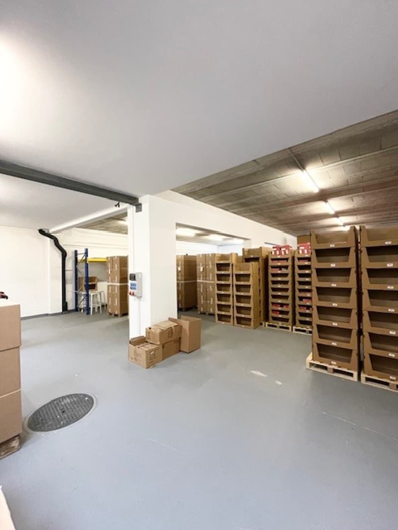 Warehouse room with many storage boxes and pallets, white walls, gray floor, large room with lighting on ceiling.