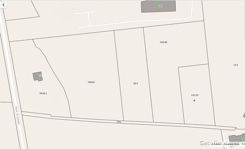 A plot of land identified as 311 with an area of 361 square meters. The neighboring plots are numbered 16061, 19003, 691, 16049, 16115, and 362. An adjacent larger plot with an area of 82 square meters is located on the other side of the road.