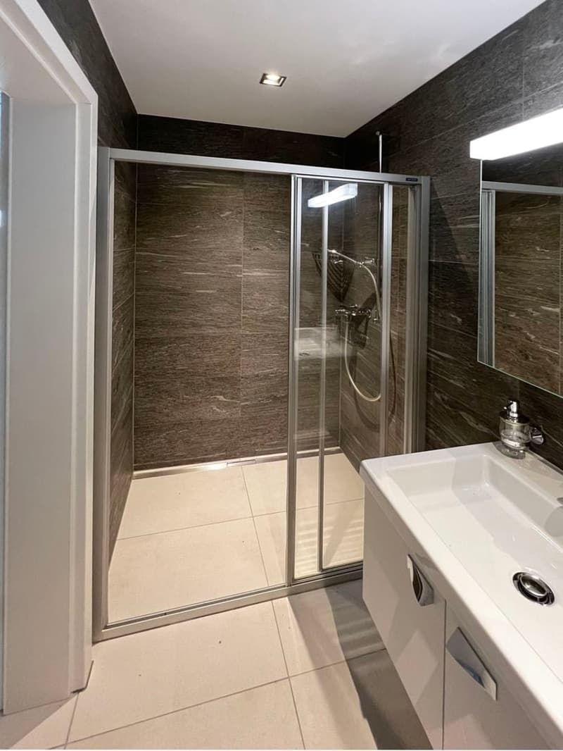 The bathroom features a modern design with tiled walls and floor, a glass-enclosed shower with a rainfall showerhead, a large mirror, and a sleek vanity with a modern sink.
