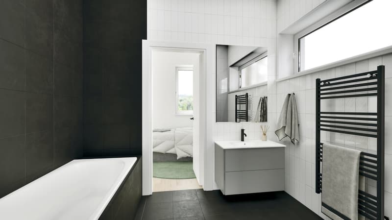 bathroom with black tiled walls, white bathtub, white sink, silver faucet, towel racks, mirror, window, white tiles