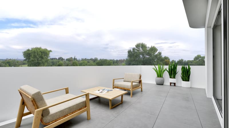 wooden chairs, coffee table, potted plants, balcony, panoramic view