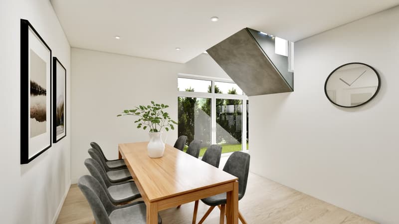 dining table, chairs, plant in a vase, skylight