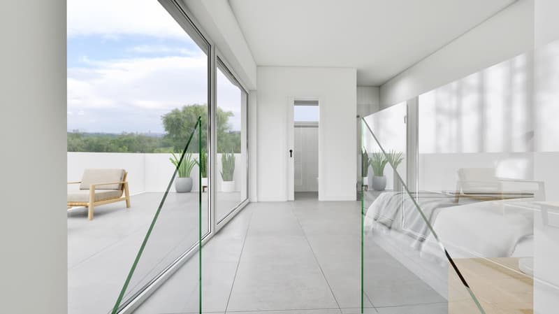 room with white tiles, balcony with glass railing, outdoor plants, glass doors with green trim, large outdoor windows, view of trees and buildings