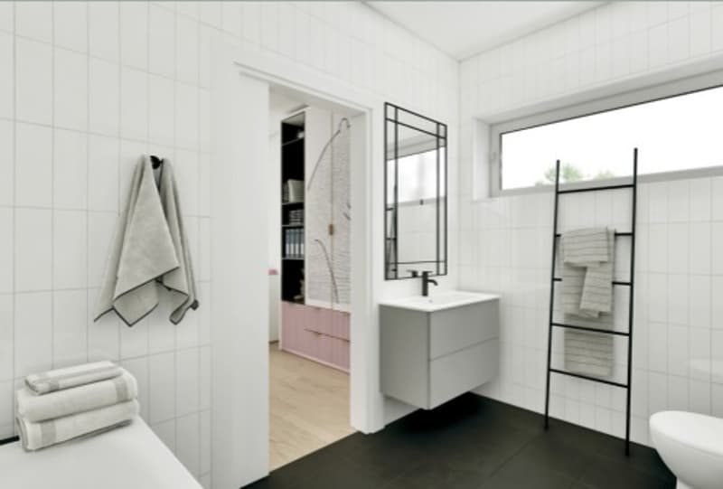 modern, white tile walls, wooden floor, white sink, faucet, mirror, pink storage cabinet, towel rack, towels, toilet