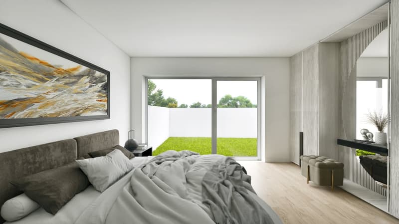 a bedroom with a bed, bedside table, and large sliding glass doors